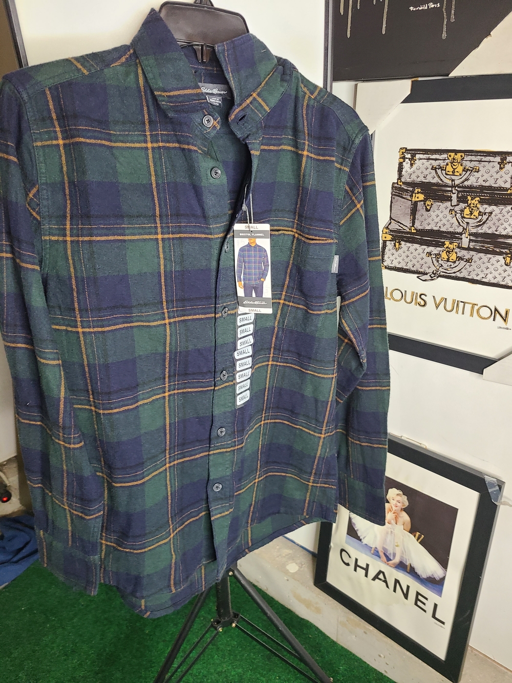 Eddie Bauer Navy and Green Plaid Button-Down Shirt